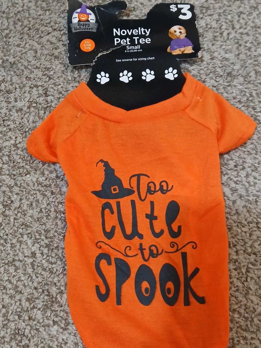 Novelty Pet Tee Small - Orange "Too Cute to Spook"